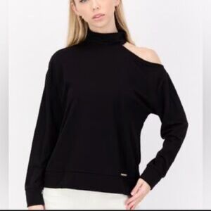 Nine West Mock Neck Cut-Out Shoulder Knit Top Stretch Black Size Large NEW